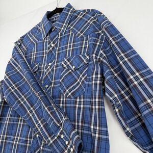 Wrangler Mens Blue Plaid Western Pearl Snap Shirt 16x34  Long Sleeve Cowboy